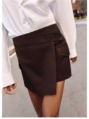 Zara Dark Brown Asymmetric Wrap Skort with Button Detail - Medium